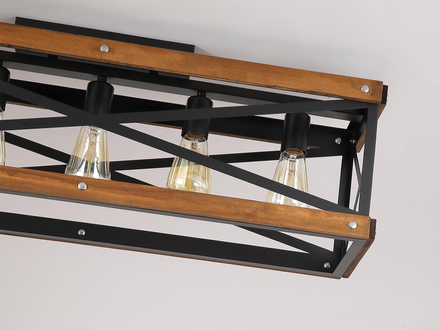 5-Light Large Rustic Farmhouse Wood Flush Mount Ceiling Light Fixture 31.5 inch Oak Wood and Metal Rectangular Track Semi Flush Mount Ceiling Light for Kitchen Living Room Bedroom Indoor, Black