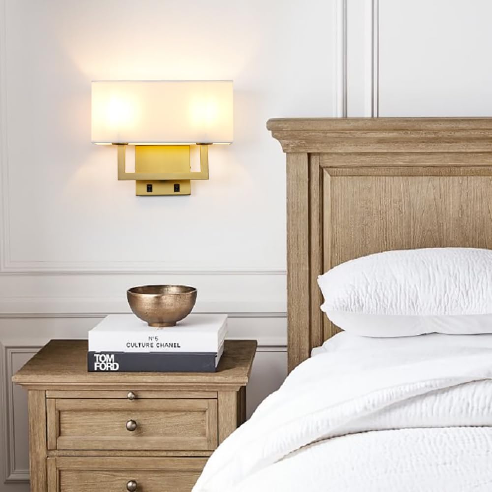 Yosoan Set of 2 Indoor Bedside Wall Sconce with On Off Switch, Modern Boho Interior Finish Brass 2-Light Vanity Vintage Industrial with Square White Fabric Shade for Reading Room Hallway(Antique)
