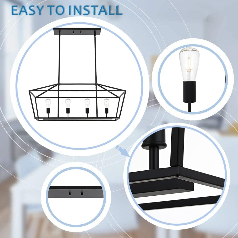 BONLICHT Kitchen Island Lighting 4 Lights in Matte Black Finish Farmhouse Chandelier Industrial Pendant Hanging Light Fixture for Dining Room Living Room Foyer