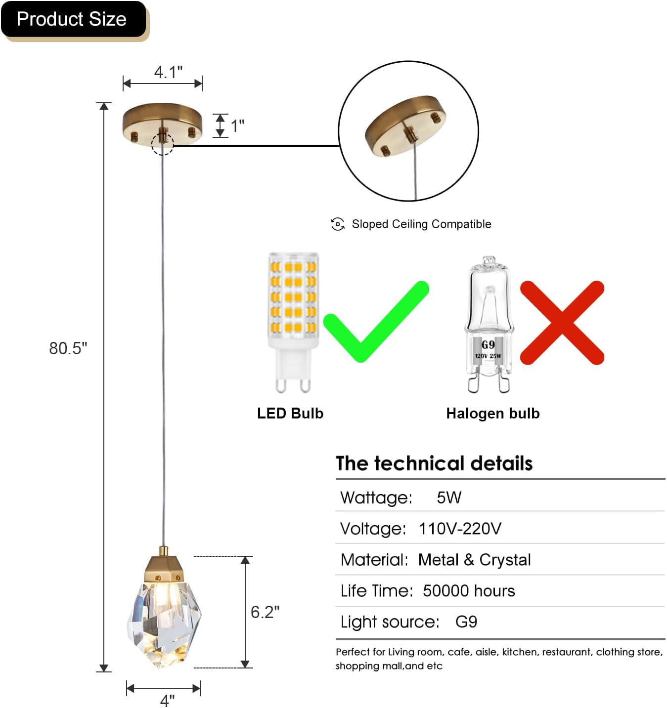 Diamond Crystal Pendant Light, 2 Pack Mini Ceiling Hanging Light in Gold Brushed Brass Finish Prism Crystal Color Changing Led Hanging Light for Kitchen Island Bathroom Bedroom Bar