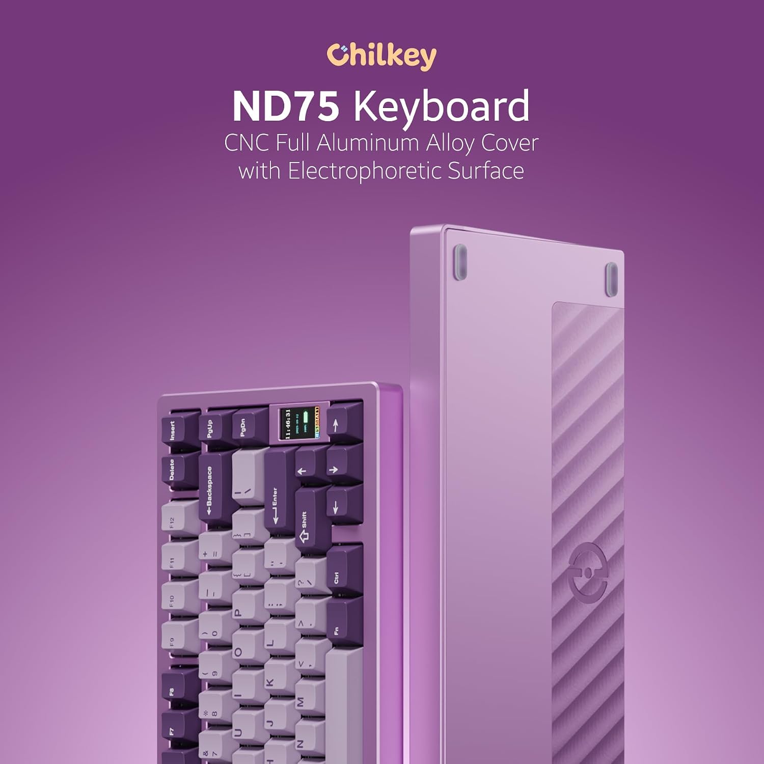 Chilkey ND75 Aluminum Keyboard 75% Percent Wireless Gaming Mechanical Keyboard with LCD Screen, Quick Assembly, BT/2.4G/USB-C, Hot Swappable Per-Key RGB Custom Purple Key Board for Laptop Office PC