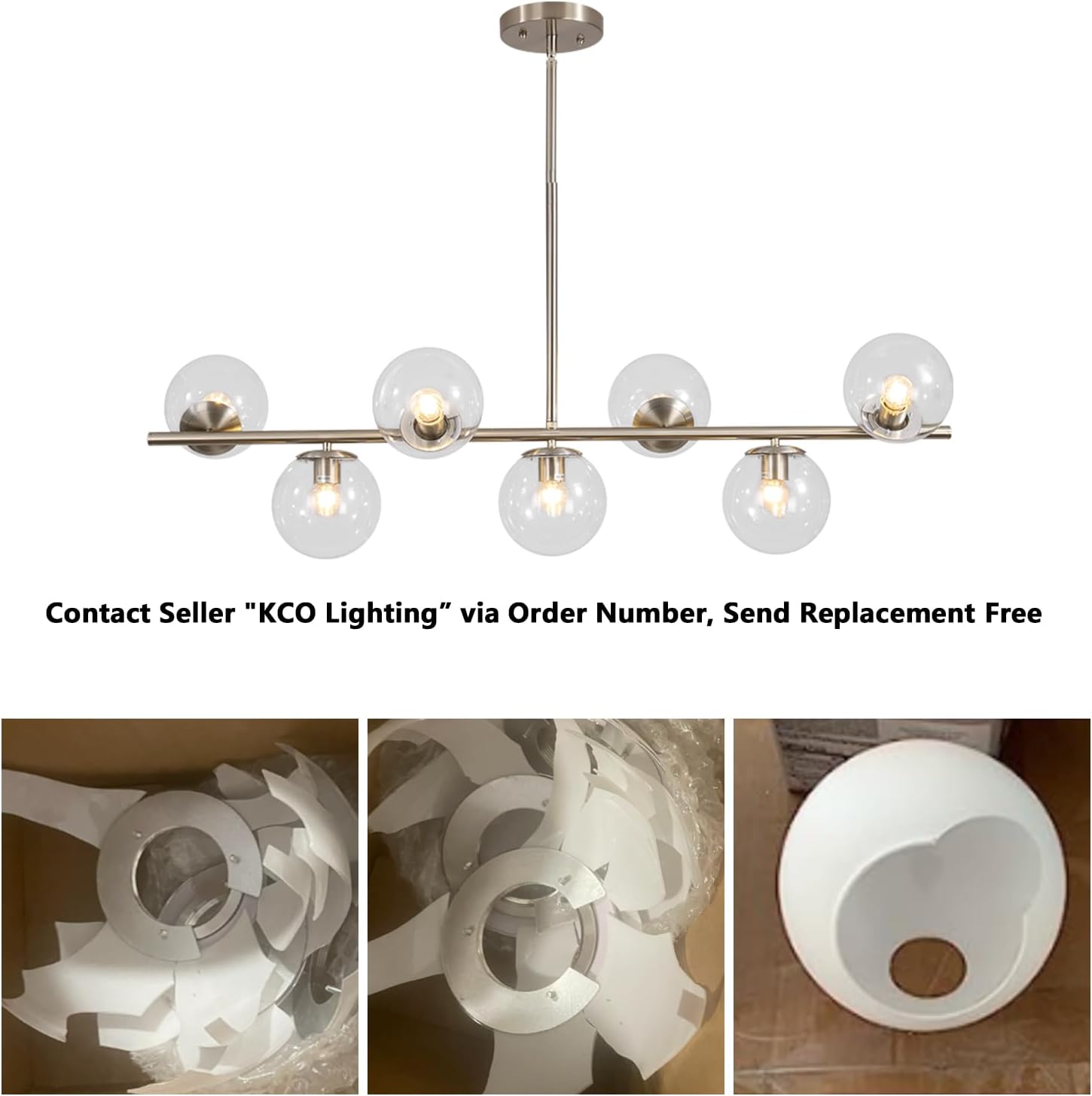 KCO Lighting Modern 7-Light Brushed Nickel Metal Large Chandelier Nordic Clear Glass Globe Farmhouse Pendant Light Silver Minimalist Adjustable Kitchen Island Hanging Ceiling Lights