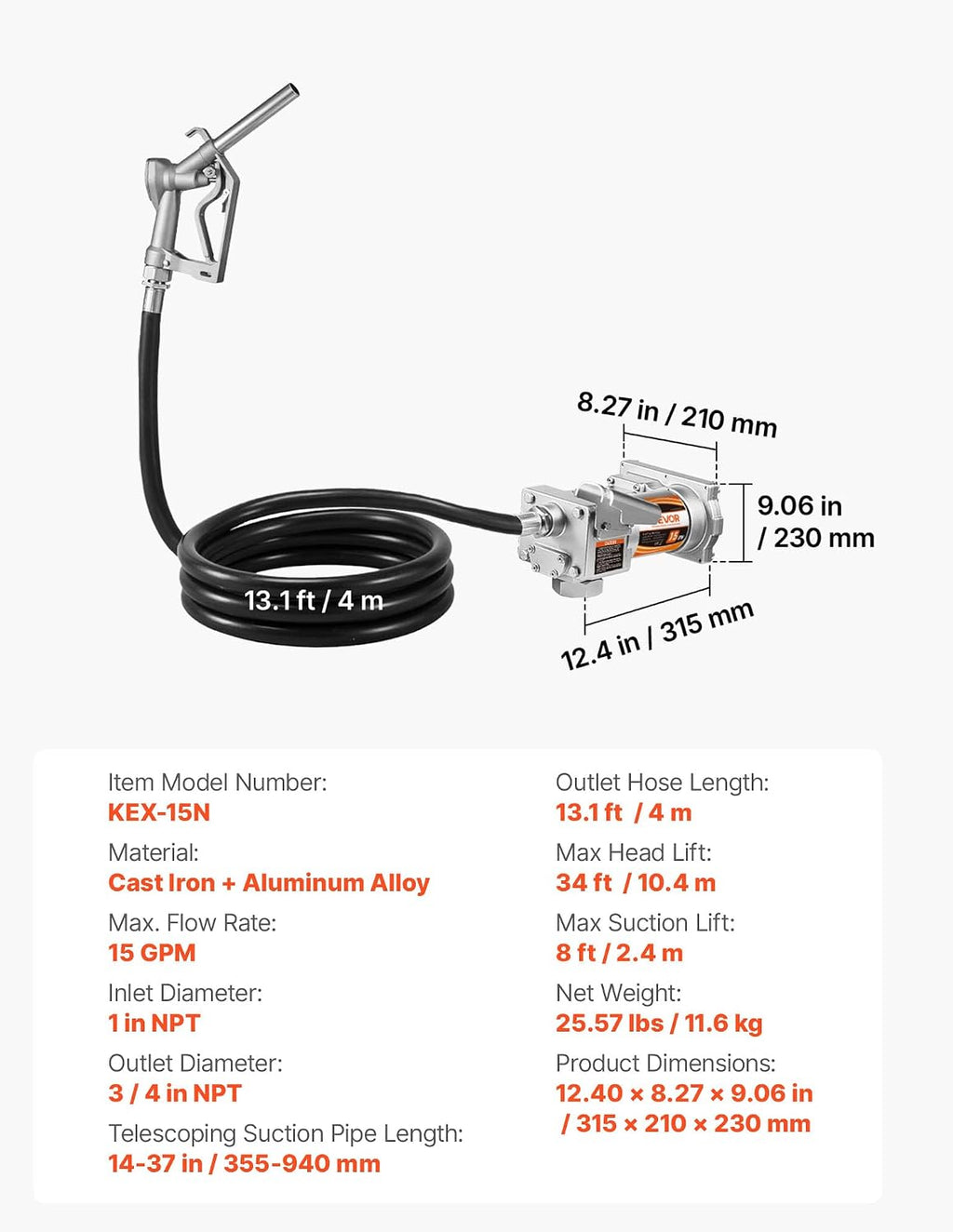 VEVOR Fuel Transfer Pump, 12V DC 15 GPM, Cast Iron Diesel Transfer Pump Kit, with Manual Shut-Off Nozzle, Discharge Hose, Overheat Protection, 1/3 HP Explosion-Proof, for Gasoline Diesel Kerosene