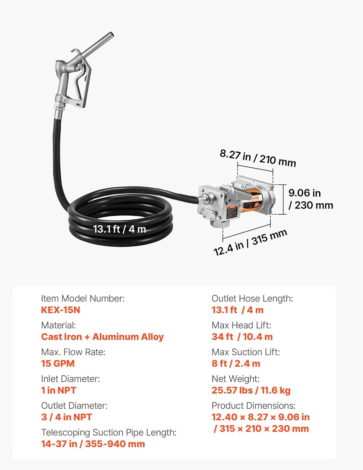 VEVOR Fuel Transfer Pump, 12V DC 15 GPM, Cast Iron Diesel Transfer Pump Kit, with Manual Shut-Off Nozzle, Discharge Hose, Overheat Protection, 1/3 HP Explosion-Proof, for Gasoline Diesel Kerosene