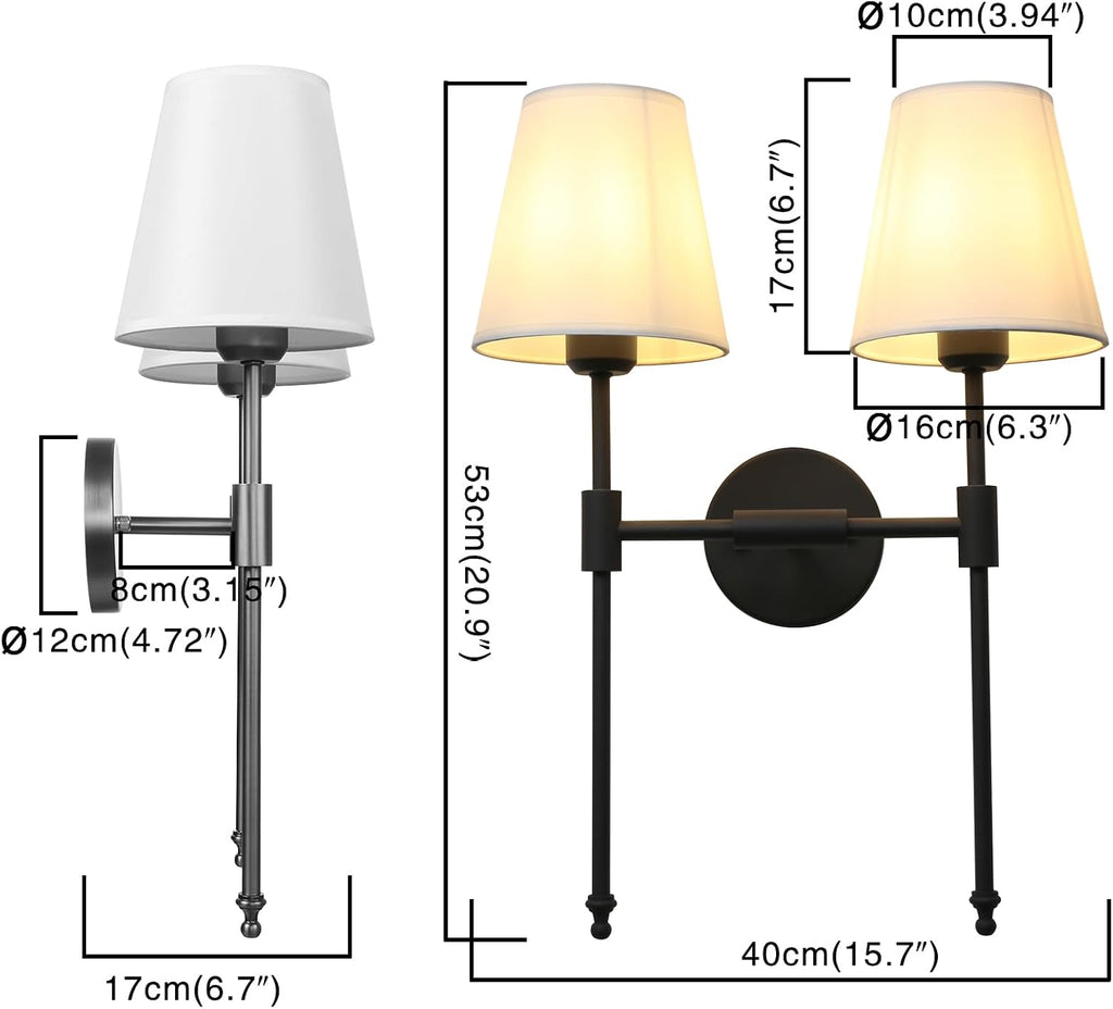 PERMO Classic Rustic Double Sconce 2-Lights Wall Sconce Lighting Fixture with Flared White Textile Lamp Shade and and Black Finished Long Arm,Wall Sconce Light Fixture for Bathroom Bedroom Bedside