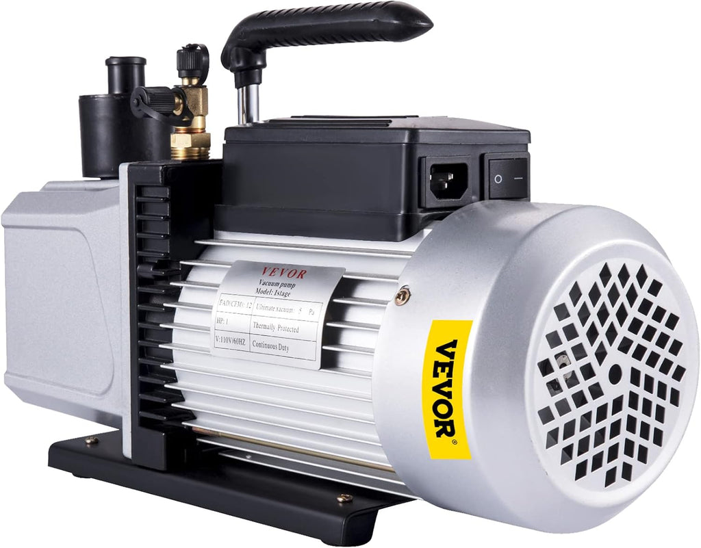 VEVOR Vacuum Pump 12CFM 1 HP Single Stage Air Conditioning Vacuum Pump 110V 5PA Ultimate Vacuum Refrigerant HVAC Air Tool Rotary Vane Vacuum Pump for Automobile Vacuum Evacuation