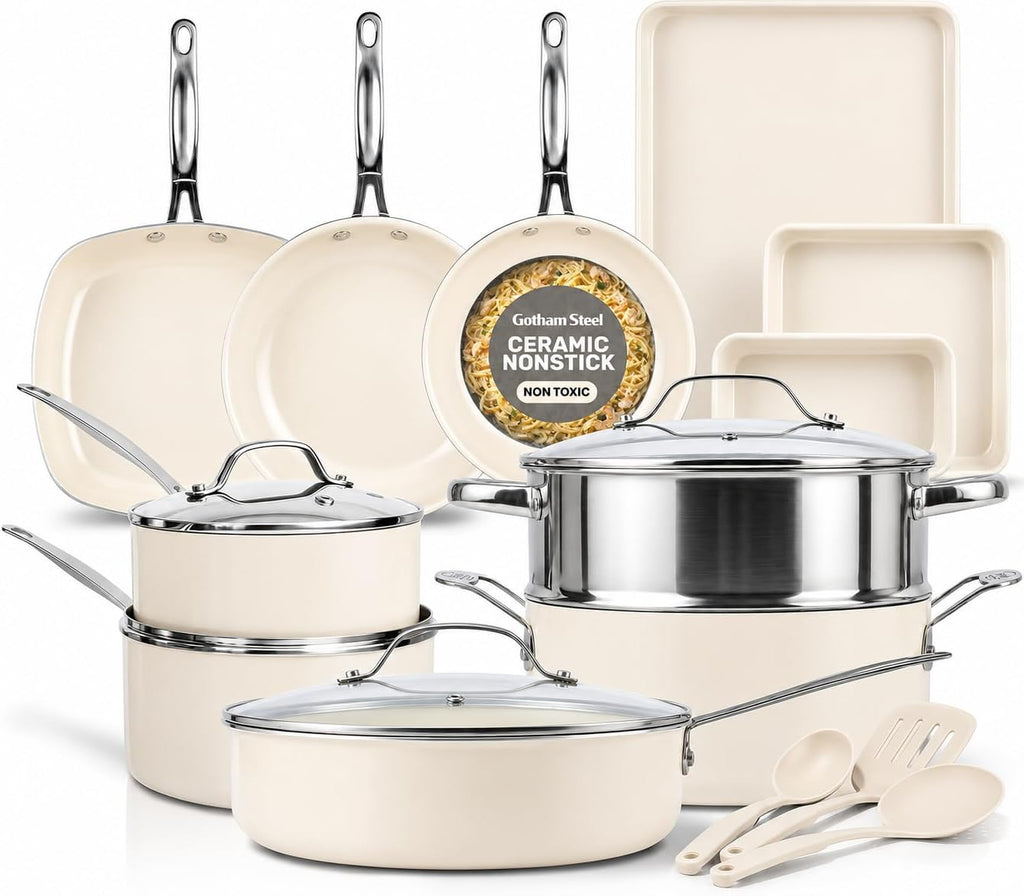 GOTHAM STEEL 20 Pc Ceramic Cookware Set Nonstick, Ceramic Pots and Pans Set Non Stick for Kitchen with Bakeware, Cooking Utensils & Steamer, Non Toxic PFOA PFOS Free, Oven & Dishwasher Safe