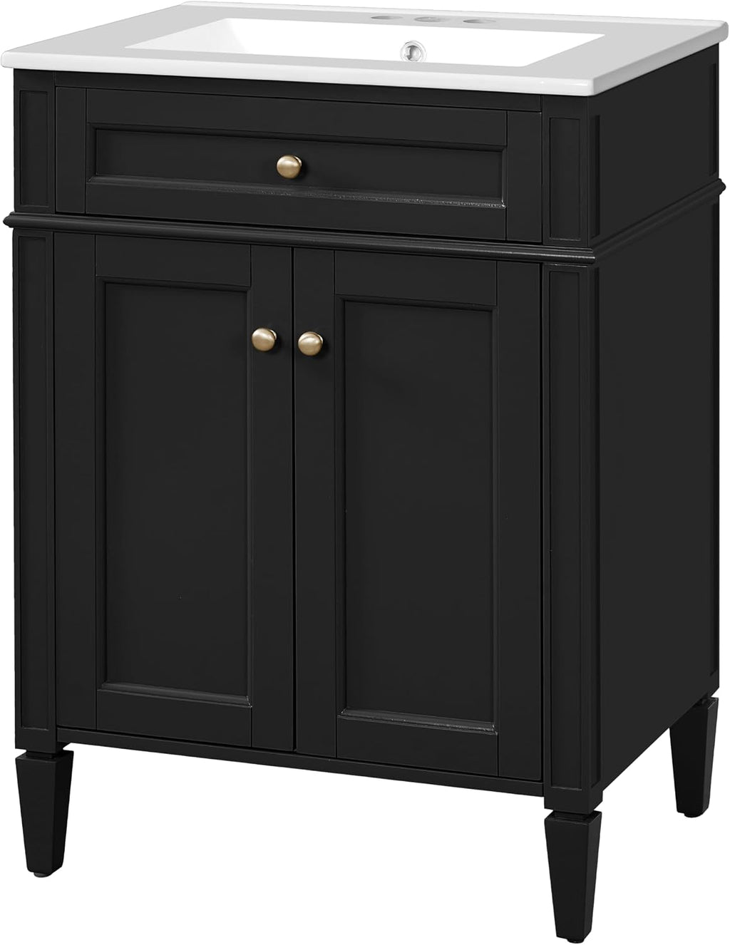 24-inch Bathroom Vanity with Sink Combo, Free-Standing Single Storage Cabinet with Tilt-Out Drawer, 2 Doors, Adjustable Shelf & Storage Rack, Vanity with Ceramic Basin for Bathroom (Black)