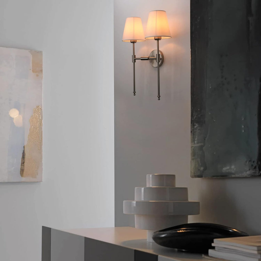 PERMO Industrial Double Sconce Large 2-Lights Wall Sconce with Flared White Textile Lampshade and Brushed Nickel Finished Long Arm for Bathroom Bedroom, Hardwired Wall Sconces
