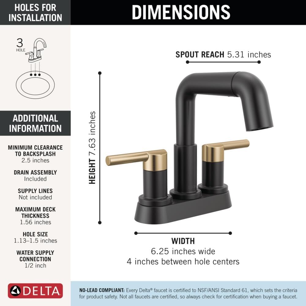 Delta Nicoli Centerset Matte Black/Brushed Gold Bathroom Faucet with Sprayer, 4 Inch 3 Hole Bathroom Sink Faucet with Pull Out Sprayer, Push-Pop Drain, Matte Black/Champagne Bronze 25849LF-GZPD