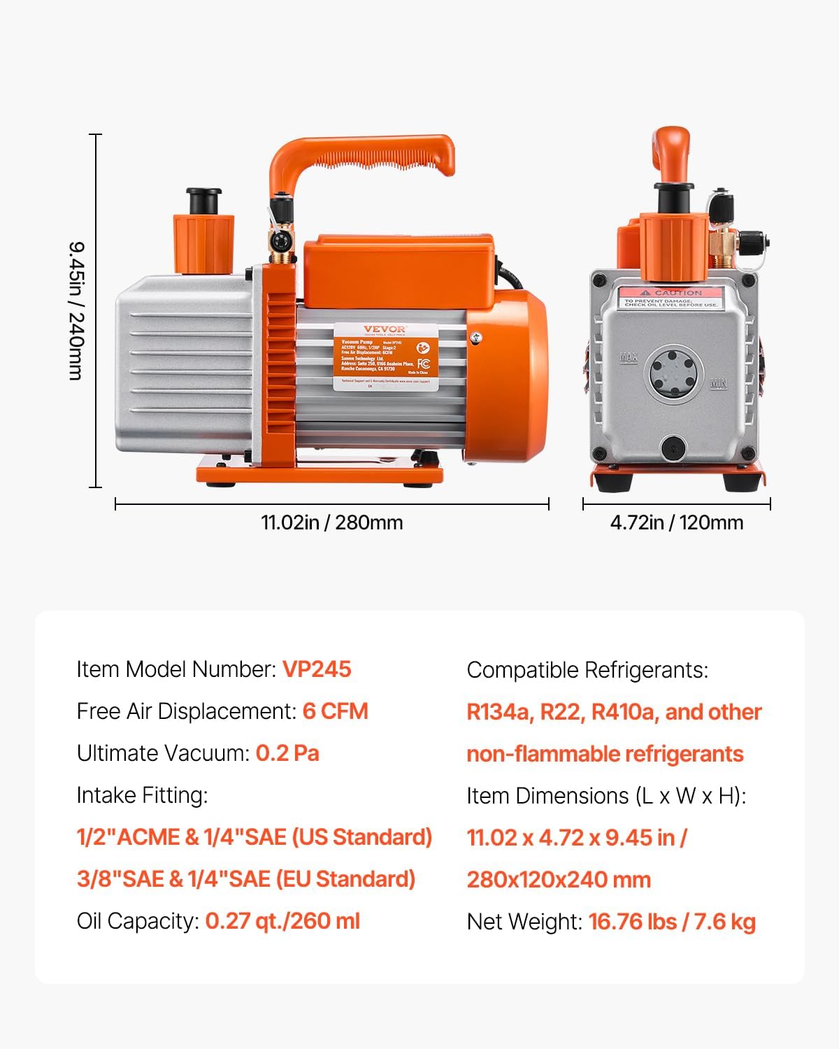 VEVOR Vacuum Pump, 6 CFM, HVAC 2 Stage Rotary Vane Vacuum Pump, for R134a R22 R410a Systems, Auto AC Vacuum Pump Kit with Oil Bottle, for Automotive Air Conditioner Maintenance Resin Degassing