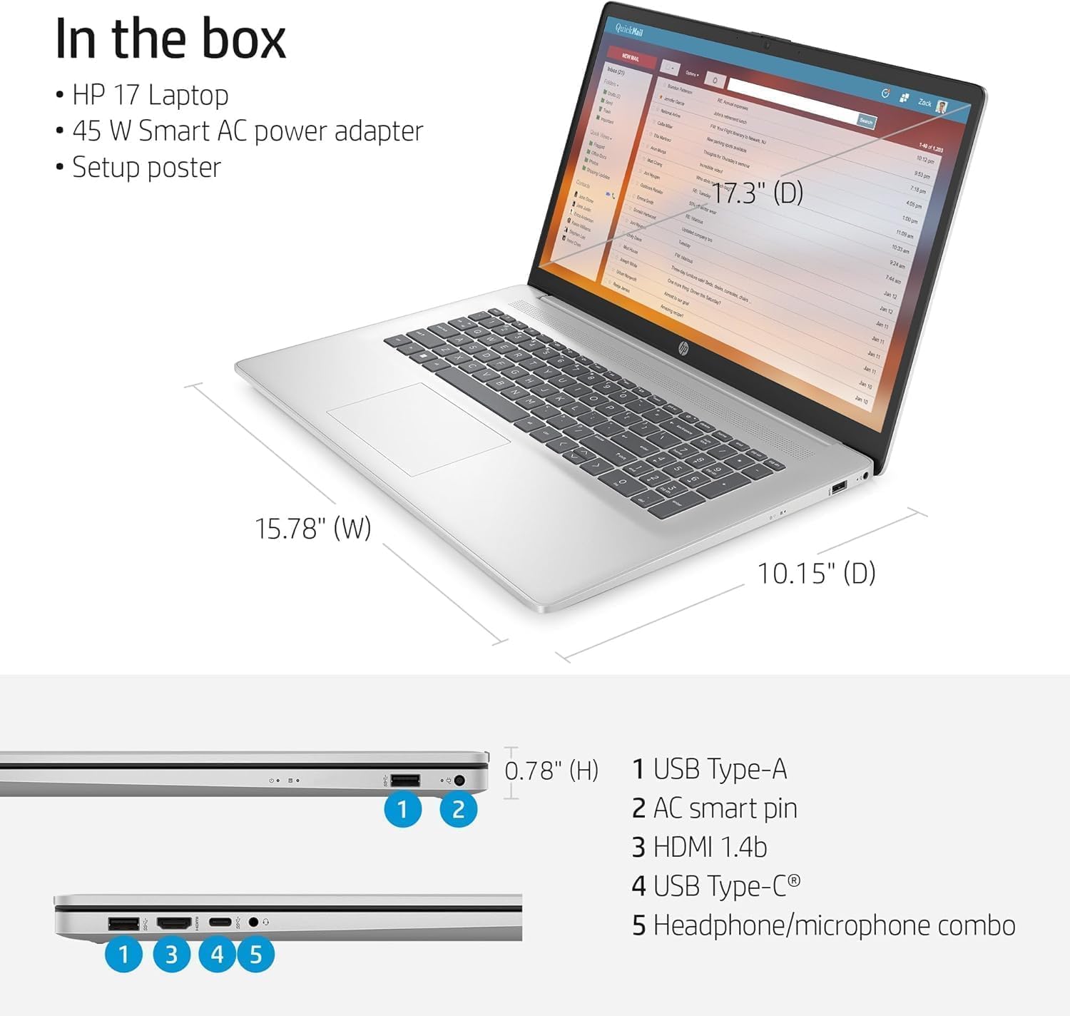 HP 17 inch Laptop, AMD Ryzen 5 7430U, 16 GB RAM, 1 TB SSD, 17.3' FHD Display, AMD Radeon Graphics, Long Battery Life, Anti-Glare,Wi-Fi 6, Microsoft Office Lifetime License & Windows 11 Pro