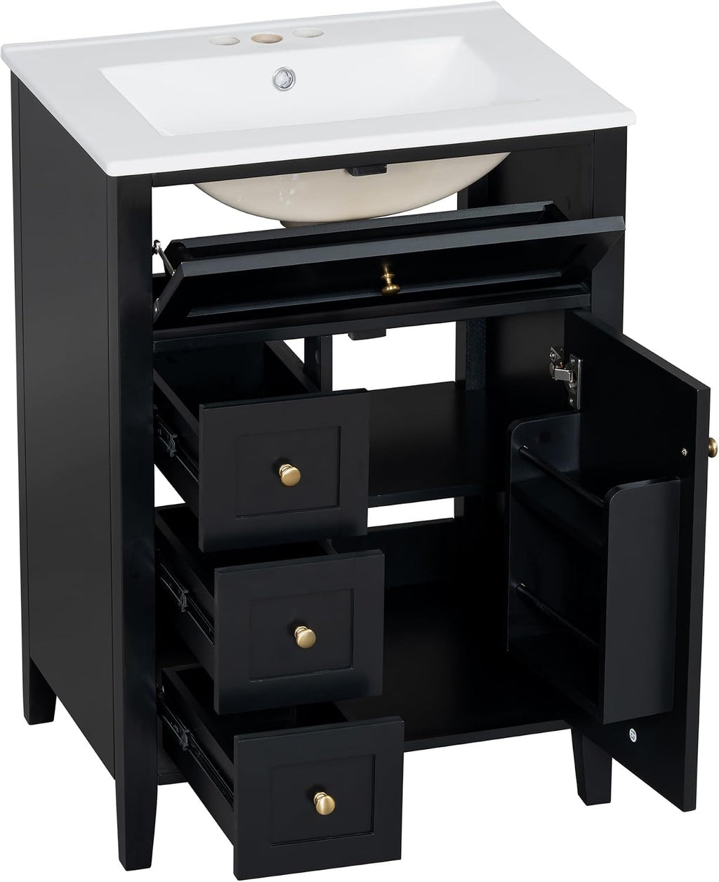 24-inch Bathroom Vanity with Sink Combo, Free-Standing Single Storage Cabinet with Tilt-Out Drawer, 3 Drawers, Adjustable Shelf & Storage Rack, Vanity with Ceramic Basin for Bathroom (Black)