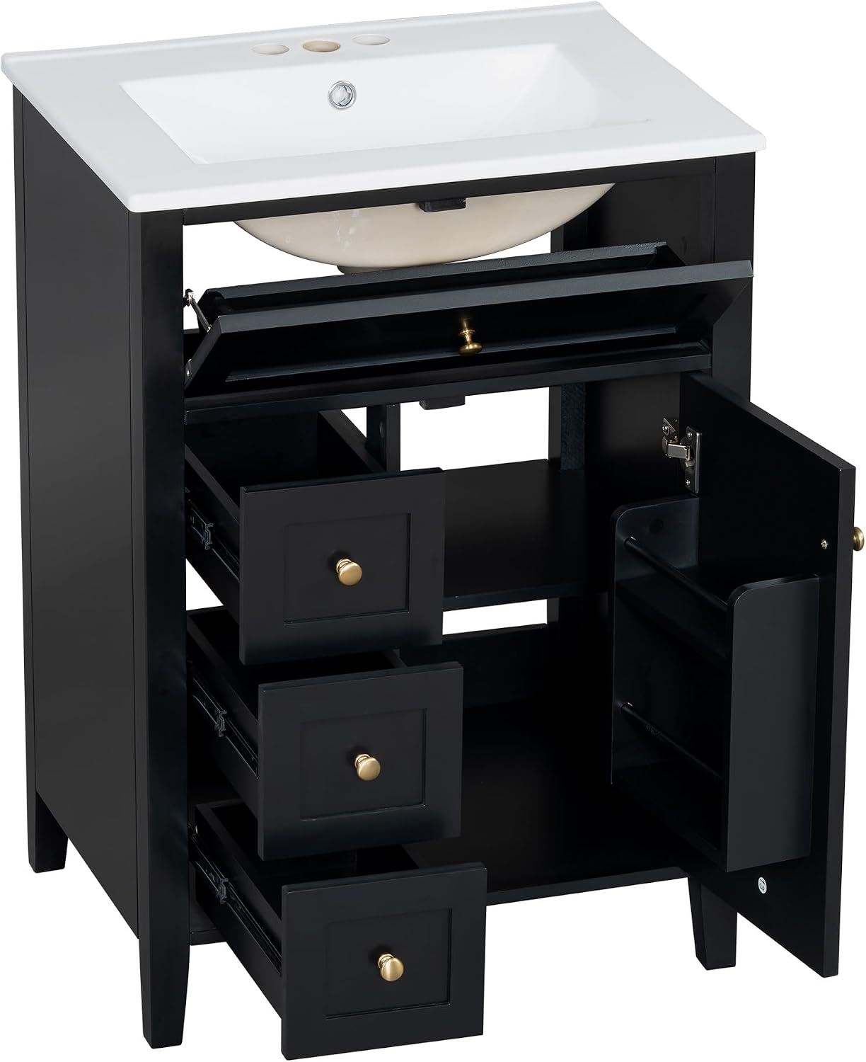 24-inch Bathroom Vanity with Sink Combo, Free-Standing Single Storage Cabinet with Tilt-Out Drawer, 3 Drawers, Adjustable Shelf & Storage Rack, Vanity with Ceramic Basin for Bathroom (Black)