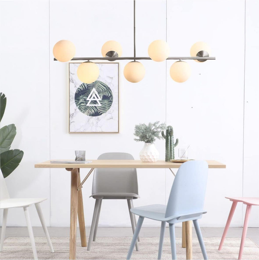 KCO Lighting 7-Light Linear Sputnik Chandelier Brushed Nickel Pendant Light | 31.5' Rod for Sloped Ceiling, 12W 3000K E26 Bulb Included, MCM White Milk Glass Light Fixture for Kitchen Island Dining Room