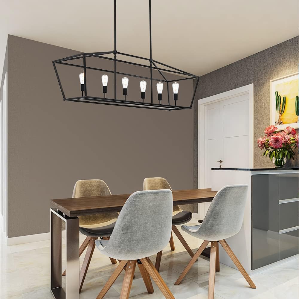 BONLICHT 6-Light Linear Farmhouse Chandelier in Matte Black Finish Industrial Kitchen Island Pendant Lighting Ceiling Hanging Lamp for Dining Room Stairway Living Room