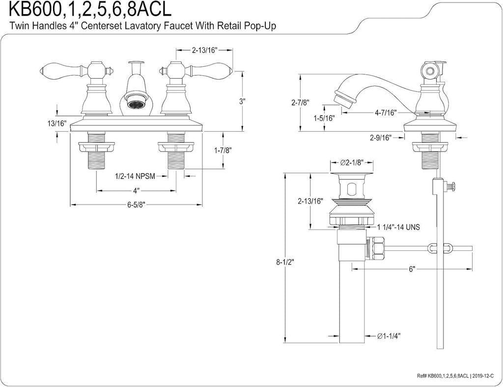 Kingston Brass KB608ACL American Classic 4' Centerset Bathroom Faucet, Brushed Nickel