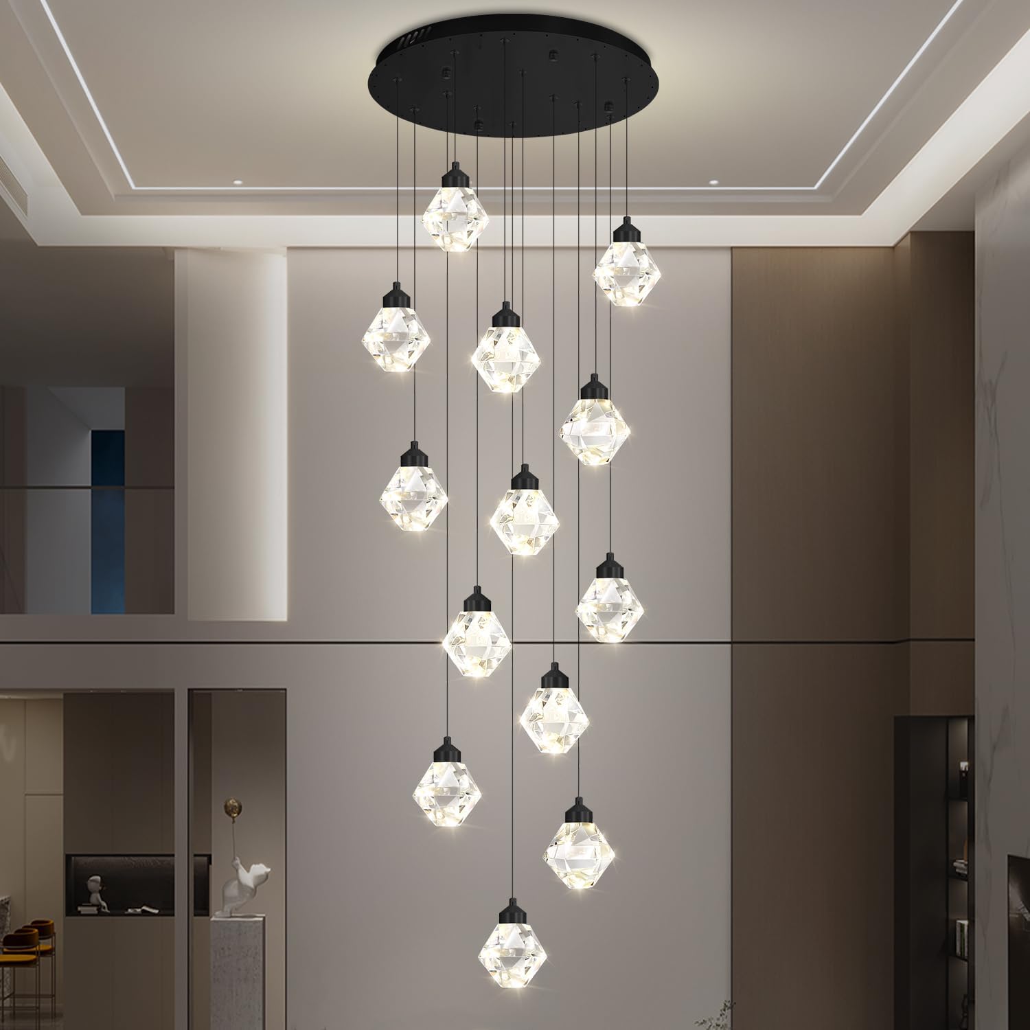H138in Foyer Chandelier Staircase Chandeliers for High Ceiling Black Pendant Light Fixture 14-Lights Crystal Chandelier Lighting Fixture for Living Room Staircase Villa