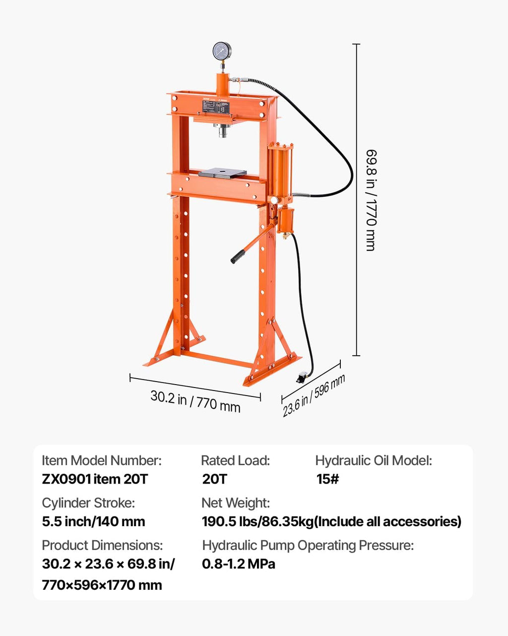 VEVOR Hydraulic Shop Press, 20 T H-Frame Pneumatic Shop Press with Press Plate, Stable Garage Floor Adjustable Hydraulic Press with Triangular Support, Fit for Bending, Straightening & Stamping