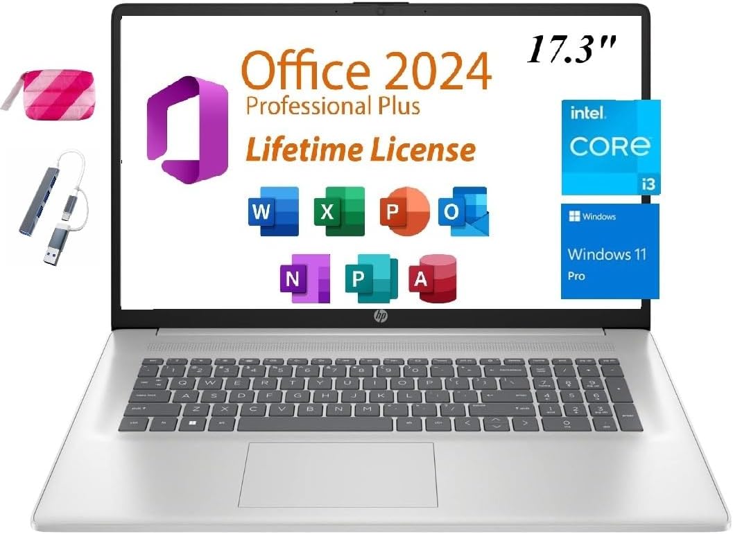 HP 2025 Premium 17 Laptop, 17.3' HD+ Display, Lifetime Office 2024, Intel Core i3-N305 Processor,8GB RAM, 256GB PCIe SSD, Wi-Fi 6, HDMI, Webcam, Windows 11 Pro, Silver
