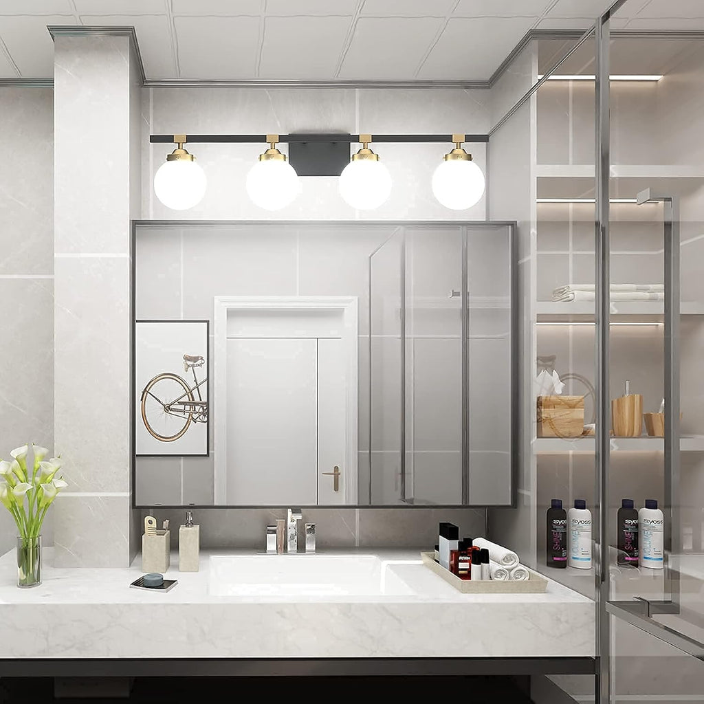 Tipace 4 Lights Mid Century Modern Bathroom Vanity Light Fixtures Over Mirror,Black/Golden Vanity Lights with Milk White Glass Globe for Bathroom(Exclude Bulb)