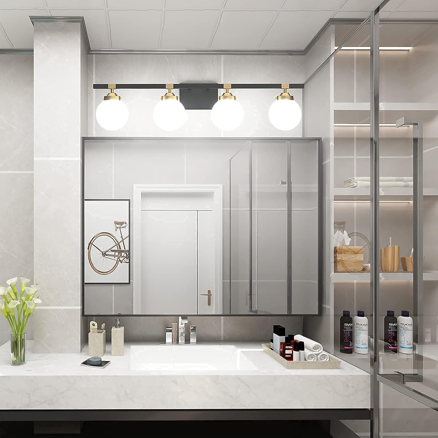 Tipace 4 Lights Mid Century Modern Bathroom Vanity Light Fixtures Over Mirror,Black/Golden Vanity Lights with Milk White Glass Globe for Bathroom(Exclude Bulb)