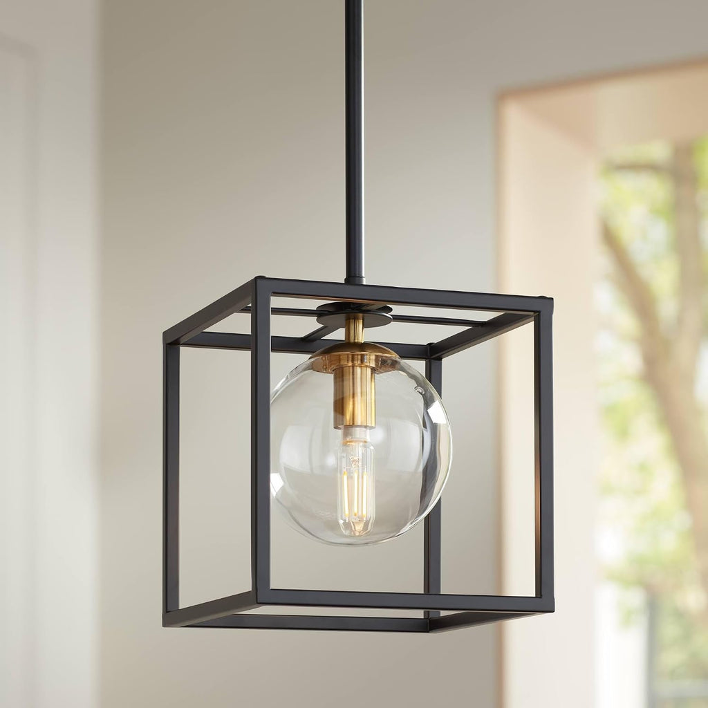 Possini Euro Design Delaney Black Burnished Brass Mini Pendant Light 8' Wide Modern Square Cage Round Clear Glass Shade Fixture Dining Room House Entryway Bedroom Kitchen Island Hallway Ceilings