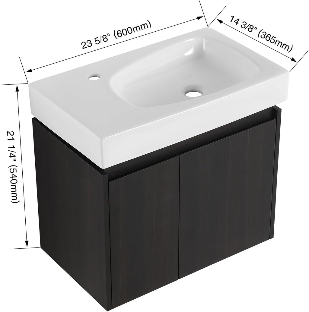 24' Floating Bathroom Vanity with Sink, Modern Wall Mounted Bathroom Cabinet with Undermount Resin Sink, Single Small Bathroom Vanities, Bathroom Storage Vanity Set with 2 Doors, Soft-Close, Black