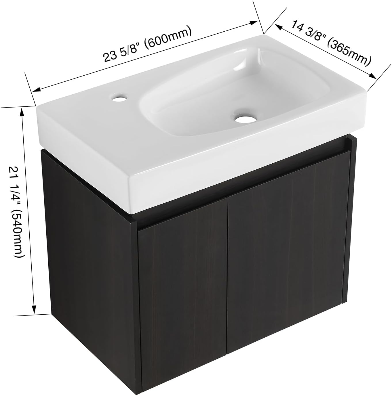 24' Floating Bathroom Vanity with Sink, Modern Wall Mounted Bathroom Cabinet with Undermount Resin Sink, Single Small Bathroom Vanities, Bathroom Storage Vanity Set with 2 Doors, Soft-Close, Black