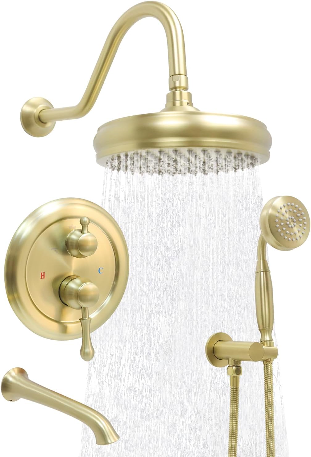 Enga Brushed Gold Antique Brass Tub Shower Faucet Fixture Shower System, 8inch Wall Mount Rain Shower with Spout and Hand Spray