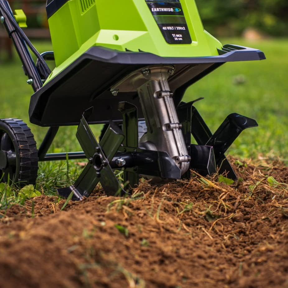 Earthwise Power Tools by ALM TC722011 11-Inch 2x20-Volt Lithium-Ion Cordless Electric Garden Tiller Cultivator, 2x20 Volt 4Ah Battery and Charger Included, Green