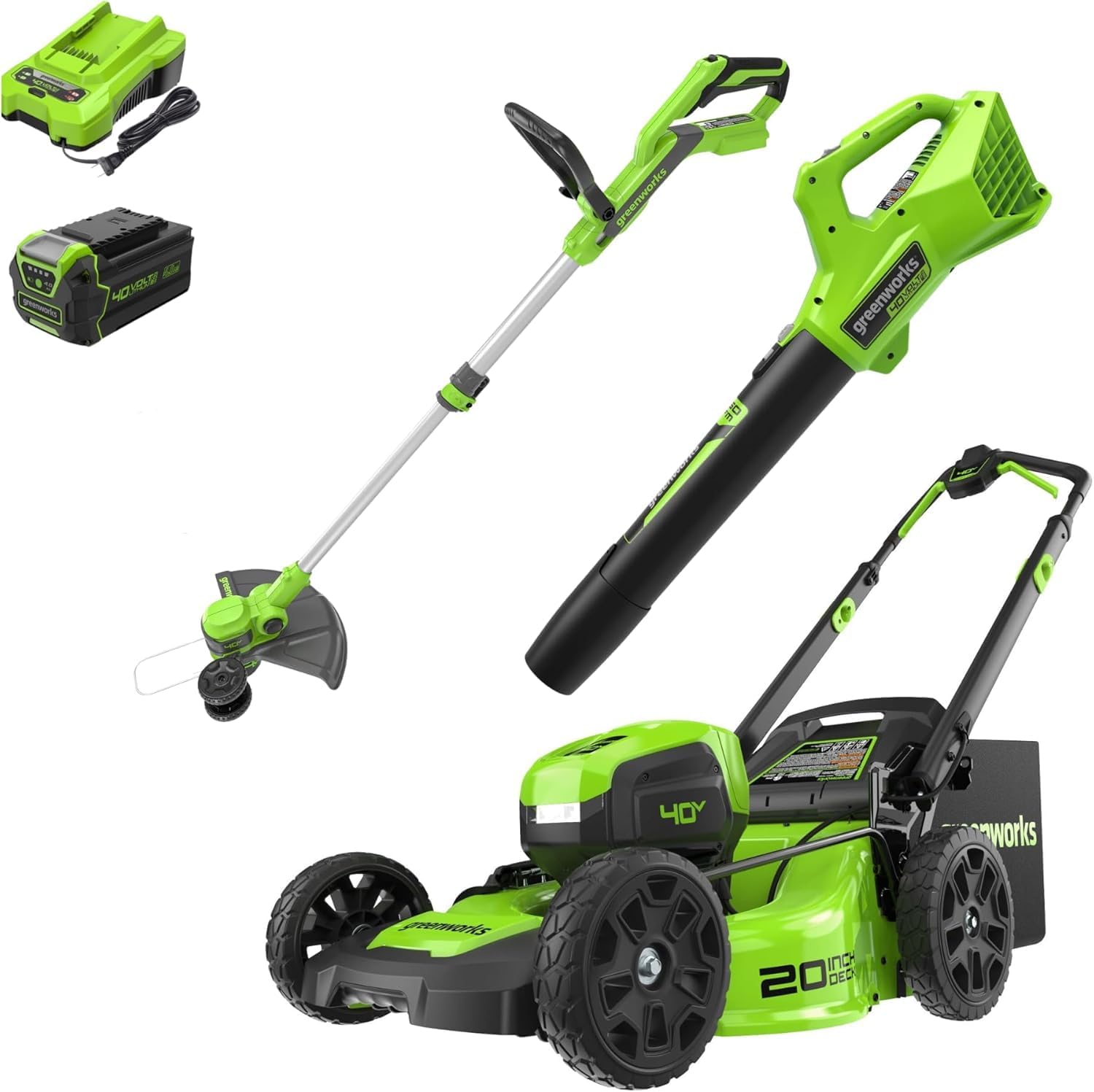 Greenworks 40V 20' Cordless Battery Push Lawn Mower, 13' String Trimmer & 350 CFM Leaf Blower w/ 4.0Ah Battery & Charger