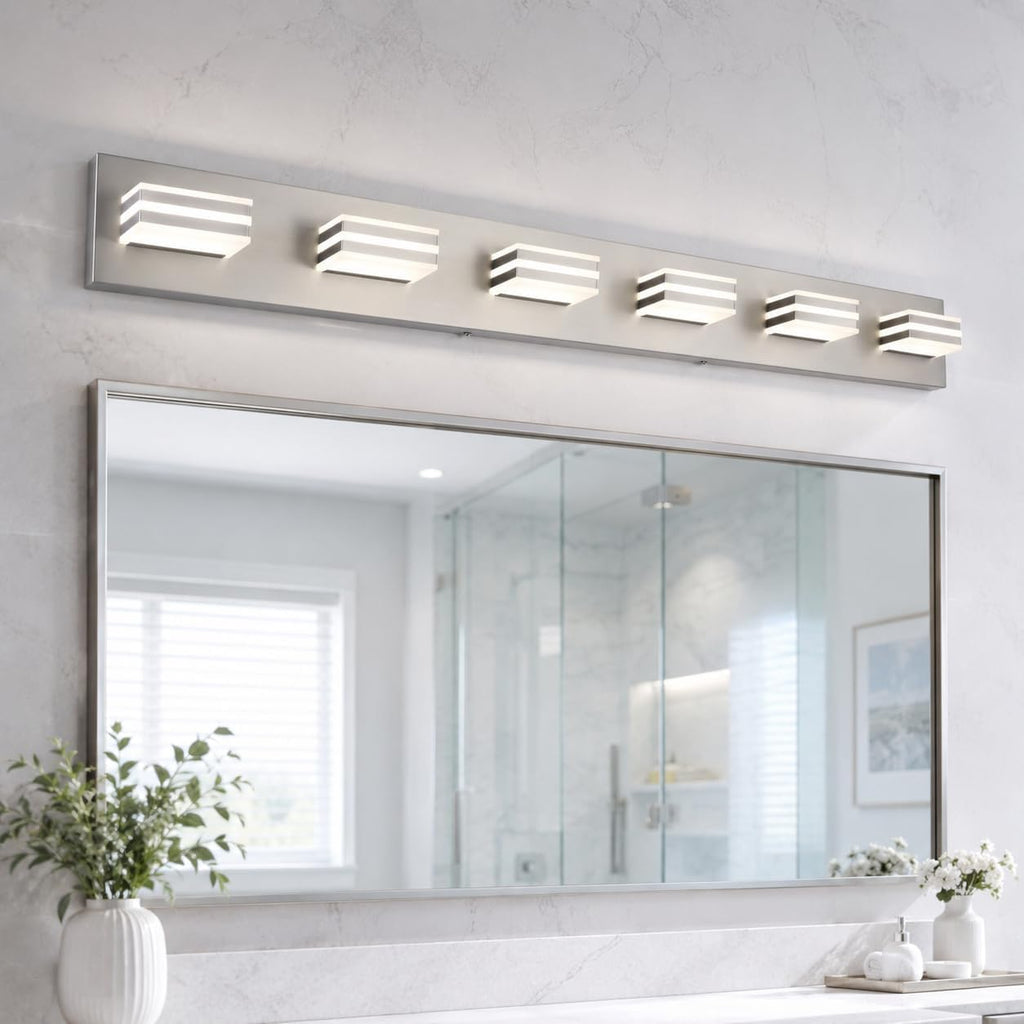 6-Light Brushed Nickel Vanity Light for Double Sink Bathroom, 41 Inch 48W 5CCT Dimmable LED Over Mirror Wall Fixture, Hardwired Light with Clear Acrylic Shade