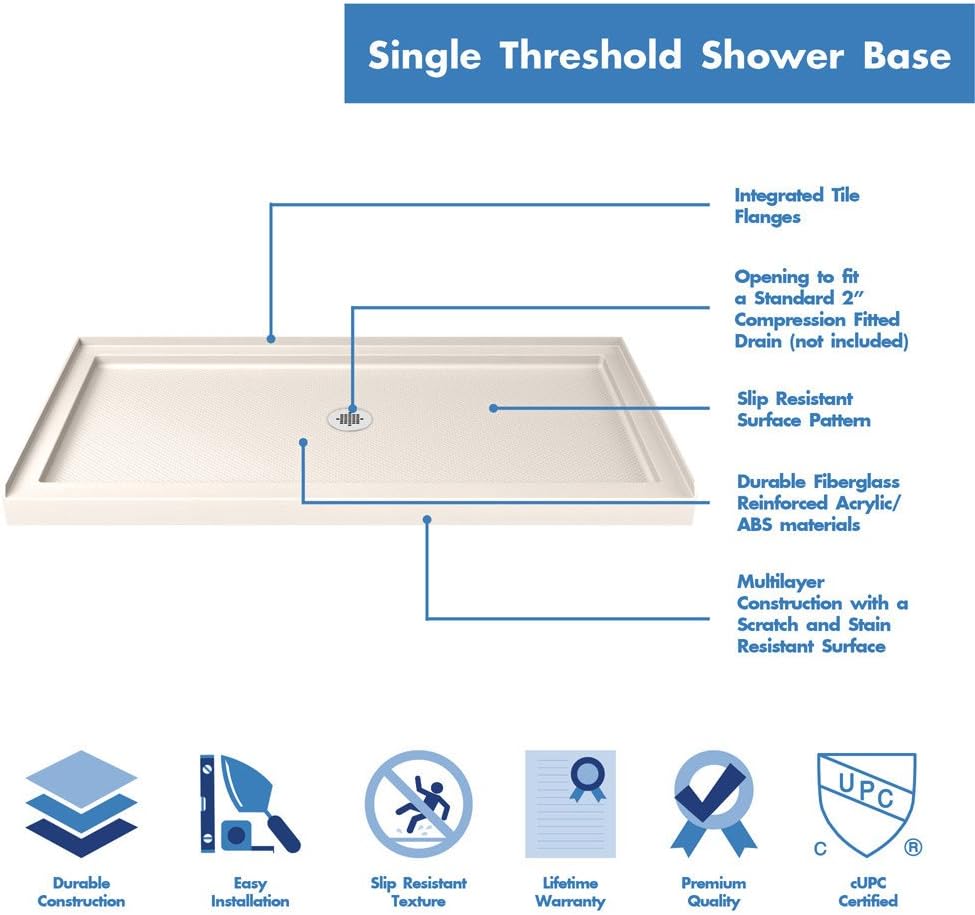 DreamLine SlimLine 32 in. D x 54 in. W x 2 3/4 in. H Center Drain Single Threshold Shower Base in Biscuit, DLT-1132540-22