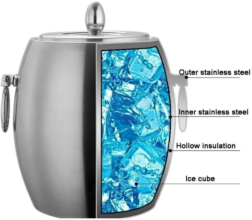 Ice Bucket Insulated Stainless Steel Double Wall Ice Bucket with Lid and with Clamp -2L