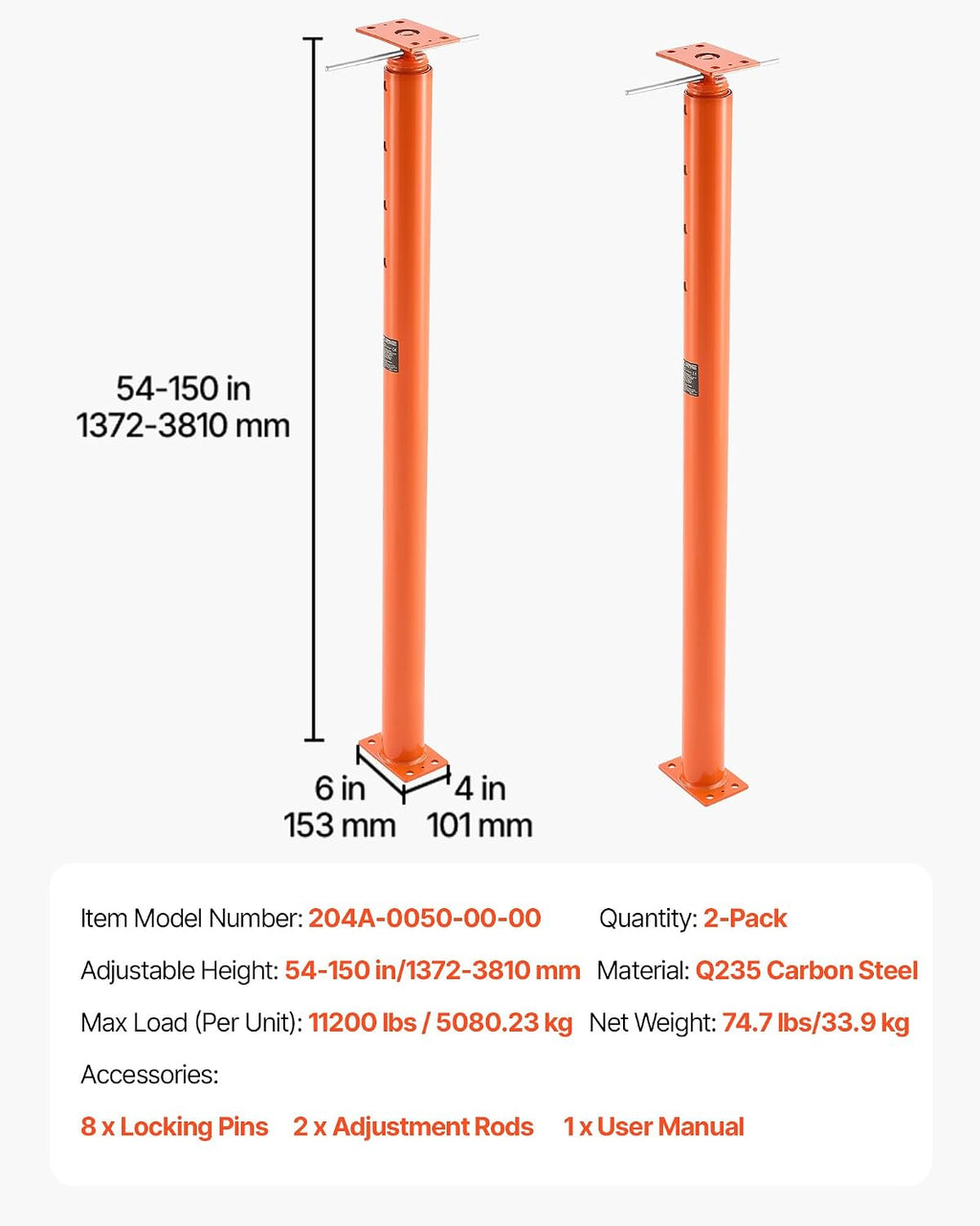 VEVOR House Floor Jacks, 2 Pack 54-150 Inch Height Range, 11200 lbs Max Load Capacity, Adjustable Support Beam Basement Jack Post Pole for Leveling, Lift Steel Telescoping Post for Temporary Support