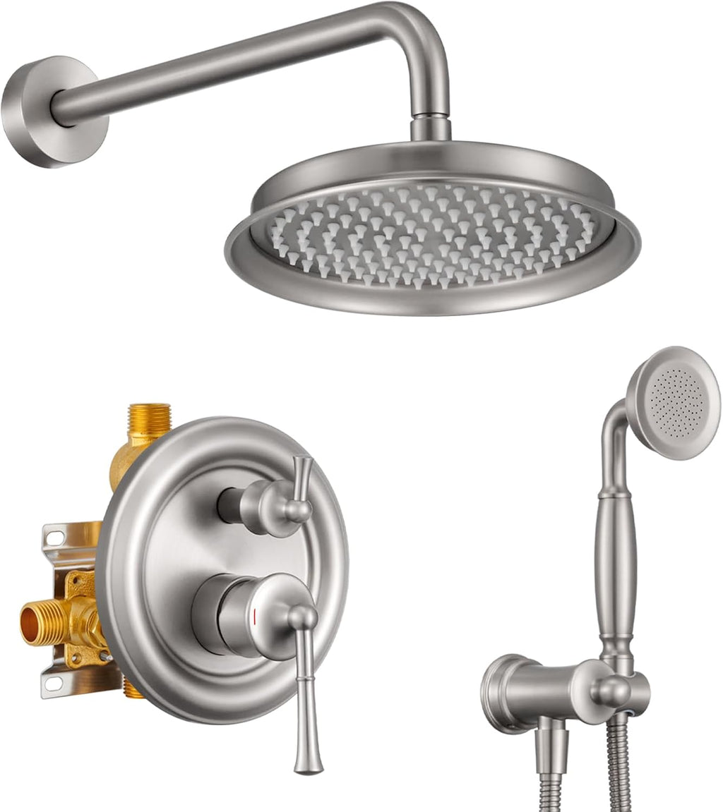 Antique Shower Head with Handheld Spray Combo, Brushed Nickel Rain Shower System with Rough-in Balance Pressure Valve, 9 inch Bathroom Luxury Rain Fall Shower Head Wall Mount Round, (B2312-BN)