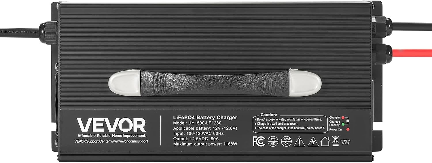 VEVOR 12V 80A Lithium Battery Charger, 14.6V, AC-DC LiFePO4 Smart Charger, with Anderson Connector, LED Indicator, 0V Activation, for Lithium LiFePO4 Deep Cycle Rechargeable Batteries of Boat, RV