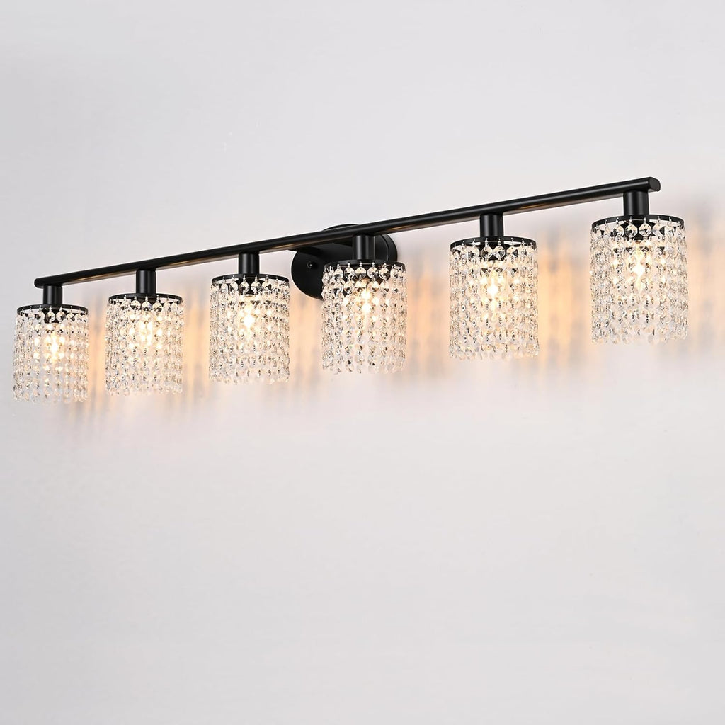 6-Light Bathroom Light Fixtures,Crystal Black Vanity Lights for Bathroom,Modern Bathroom Lights Over Mirror,Modern Black Wall Lights