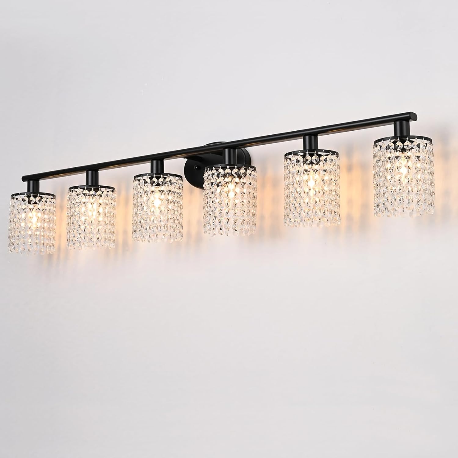 6-Light Bathroom Light Fixtures,Crystal Black Vanity Lights for Bathroom,Modern Bathroom Lights Over Mirror,Modern Black Wall Lights