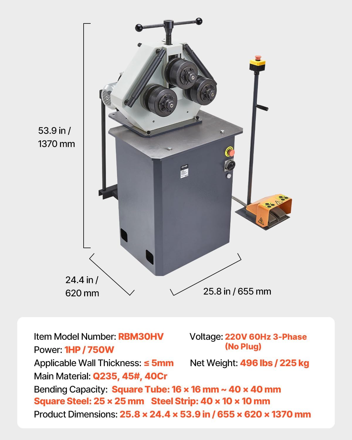 VEVOR 750W Electric Roll Bending Machine, 3-Roller Electric Pipe Bender Machine with Reversible Foot Switch, Support Horizontal/Vertical Operation (220V 60Hz 3-Phase, No Plug)