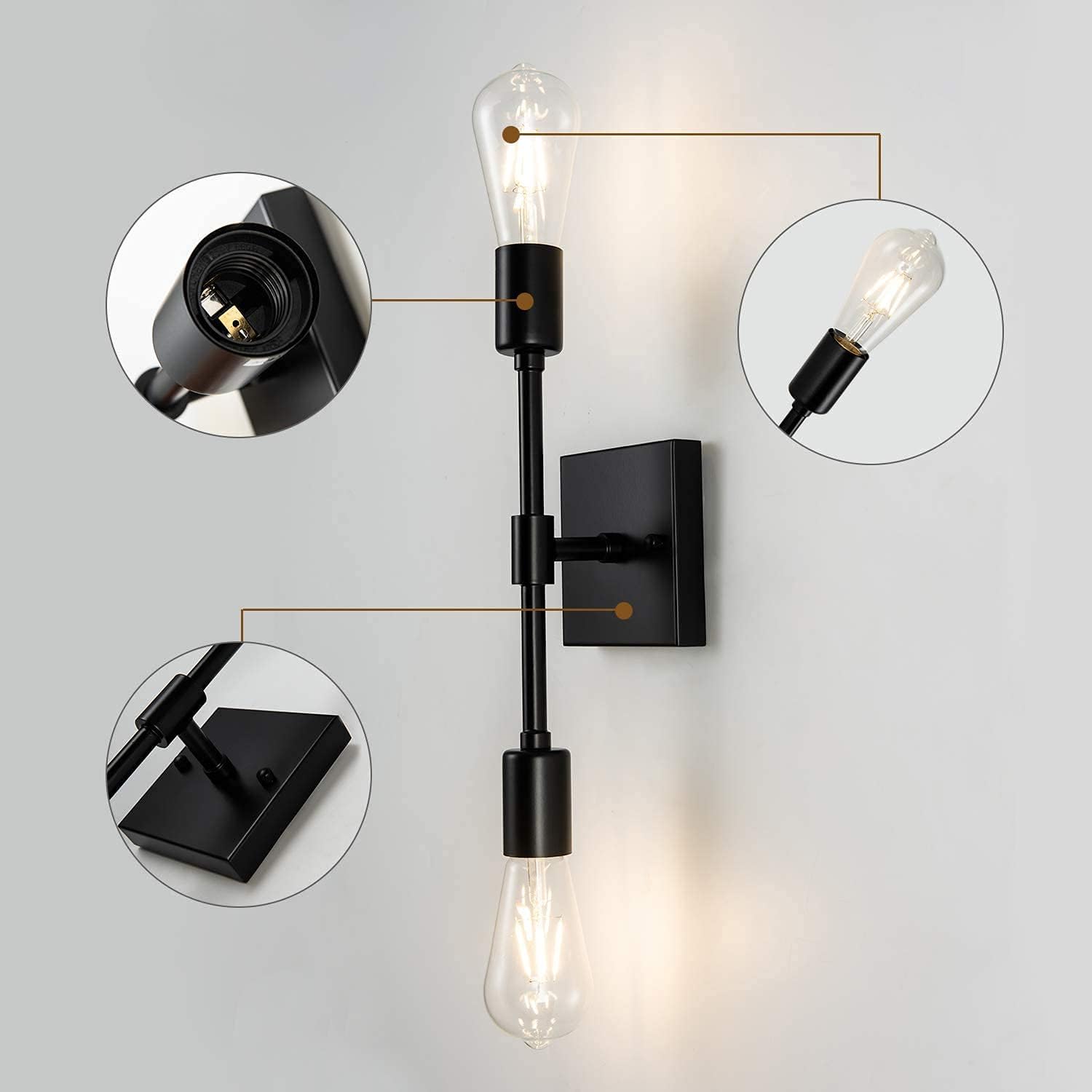 Wall Lights,E26 Industrial Retro Wrought Iron Wall Lamp Wall Sconce Lighting Fixture Bright Vanity Light Metal Wall Lamp for Bathroom,Living Room,Bedroom,Hallway, Black,2 Heads