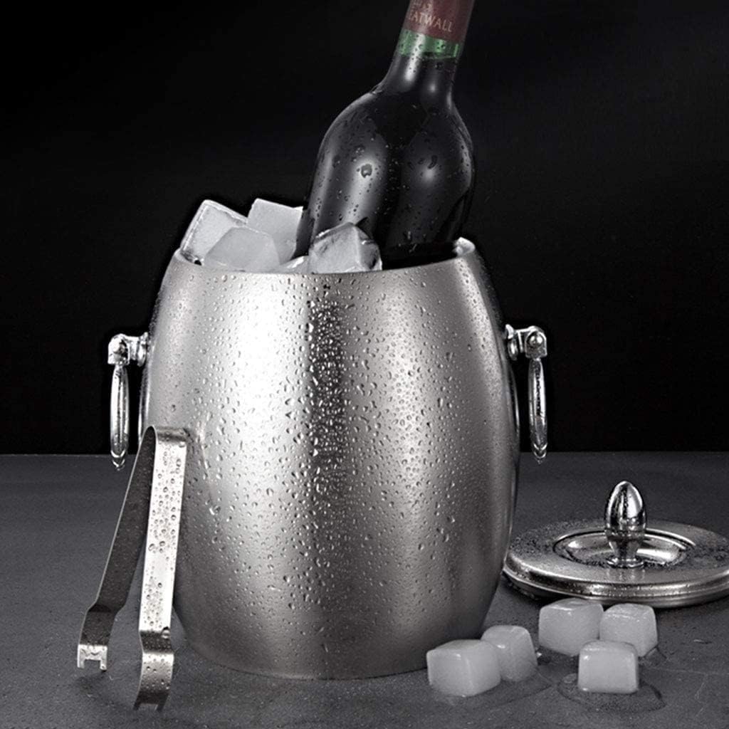 Stainless Steel Ice Bucket,Double Wall Ice Bucket with Lid Strainer and Tongs, Great for Cocktail Bar and Parties Freezer, Chilling Champagne Wine and Beer (Size : 2L) ()