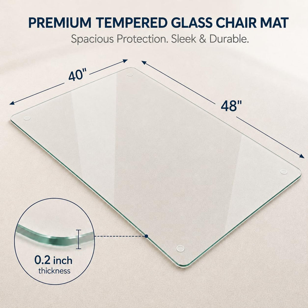 40 x 48 Inch Glass Chair Mat, 1/5 Inch Thick Tempered Glass Office Chair Mat for Carpet and Hardwood Floors, Heavy Duty Clear Computer Desk Floor Protector with 4 Anti-Slip Pads