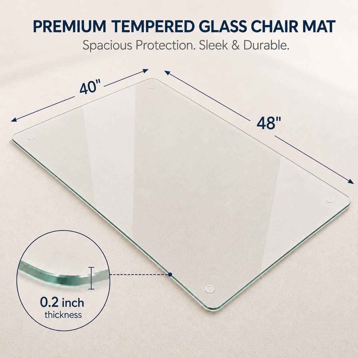 40 x 48 Inch Glass Chair Mat, 1/5 Inch Thick Tempered Glass Office Chair Mat for Carpet and Hardwood Floors, Heavy Duty Clear Computer Desk Floor Protector with 4 Anti-Slip Pads