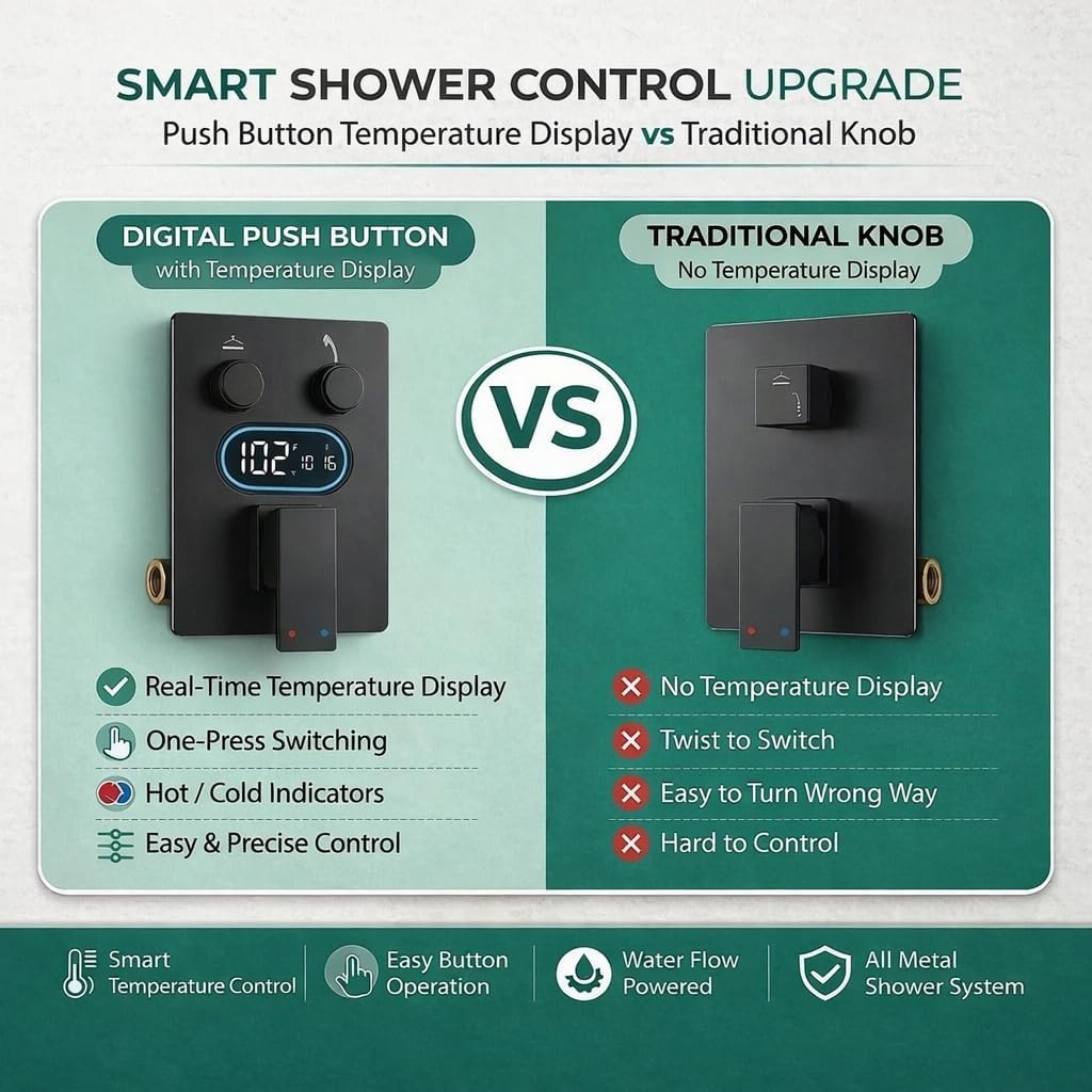 Push Button Diverter Shower Faucet Set, Hydro Power Temperature Display, Shower System 10 Inch Shower Head with Handheld Spray, Wall Mounted Shower Fixtures with Shower Valve and Trim Kit, Matte Black