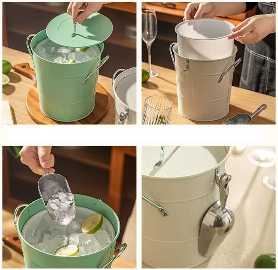 Ice Bucket 3.5 Liter Double Wall Ice Bucket Insulated Ice Buckets with Lid and Scoop Thickened metal Ice Buckets, Party Beverage Tub for Home Kitchen Parties Cocktail Bar(Green)
