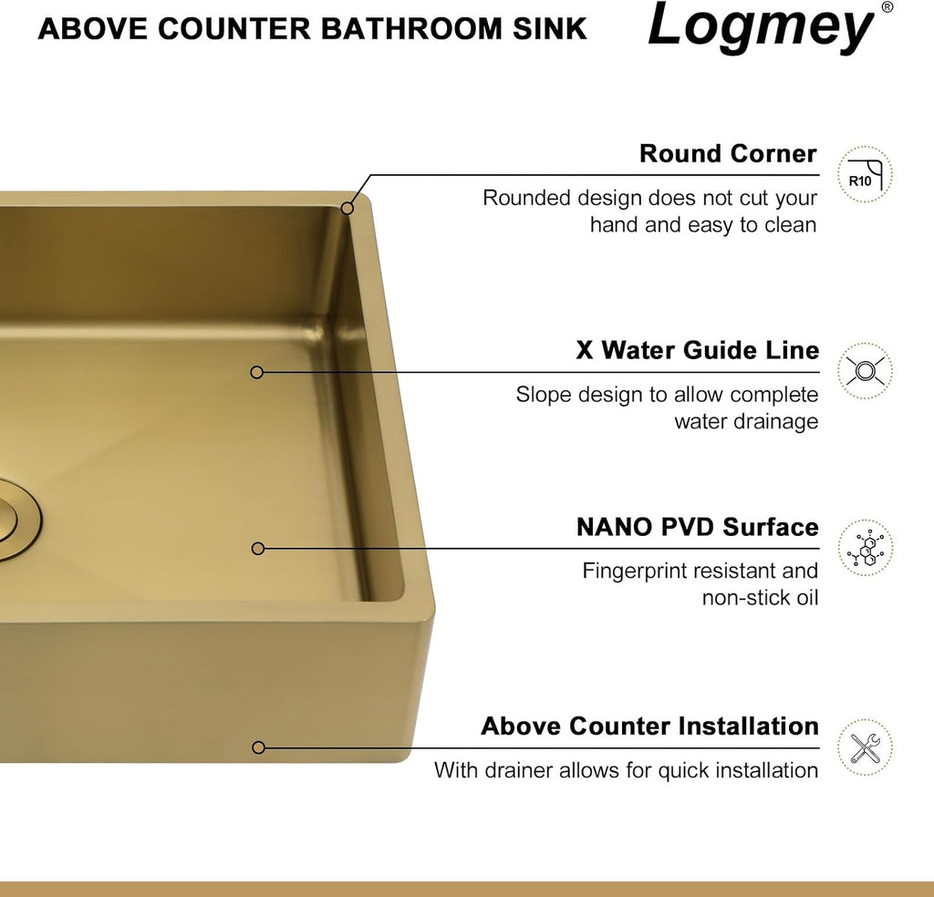 Logmey 16' Gold Shallow Bathroom Vessel Sink 16x12 Small Handmade 16 Gauge Stainless Steel Above Counter 4' Deep RV Bathroom Sink Rectangle Vessel Sinks with Pop up Drain Set