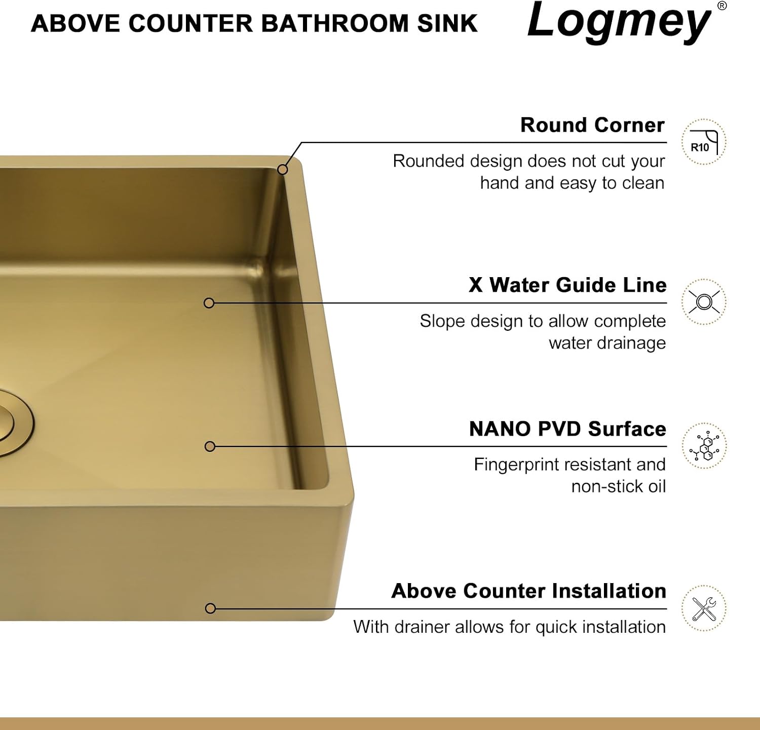 Logmey 16' Gold Shallow Bathroom Vessel Sink 16x12 Small Handmade 16 Gauge Stainless Steel Above Counter 4' Deep RV Bathroom Sink Rectangle Vessel Sinks with Pop up Drain Set