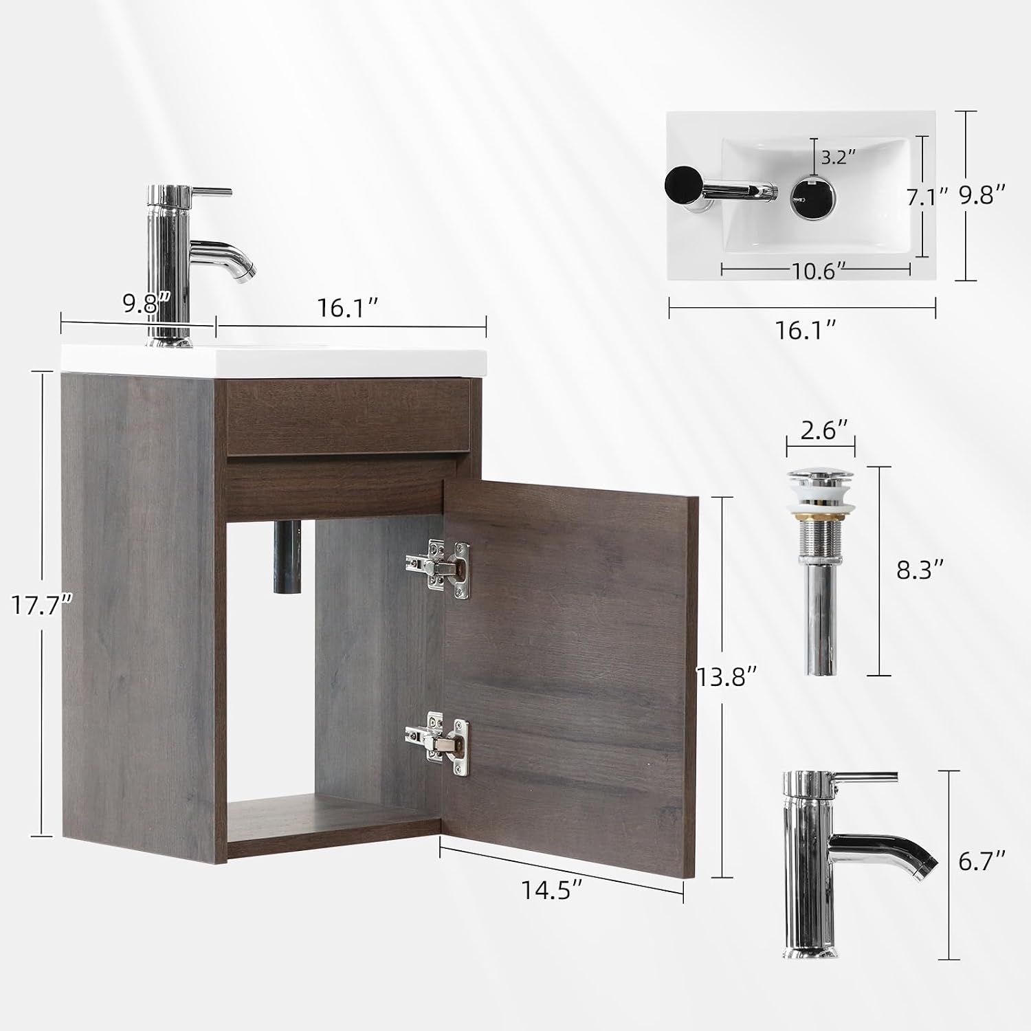wonline 16' Bathroom Vanity Sink Combo for Small Space Wall Mounted Cabinet Set Design White Resin Basin Sink Top Chrome Faucet Wood Color